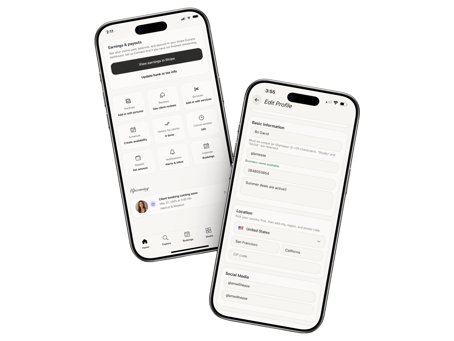 Glamease stylist app — earnings, portfolio, and schedule