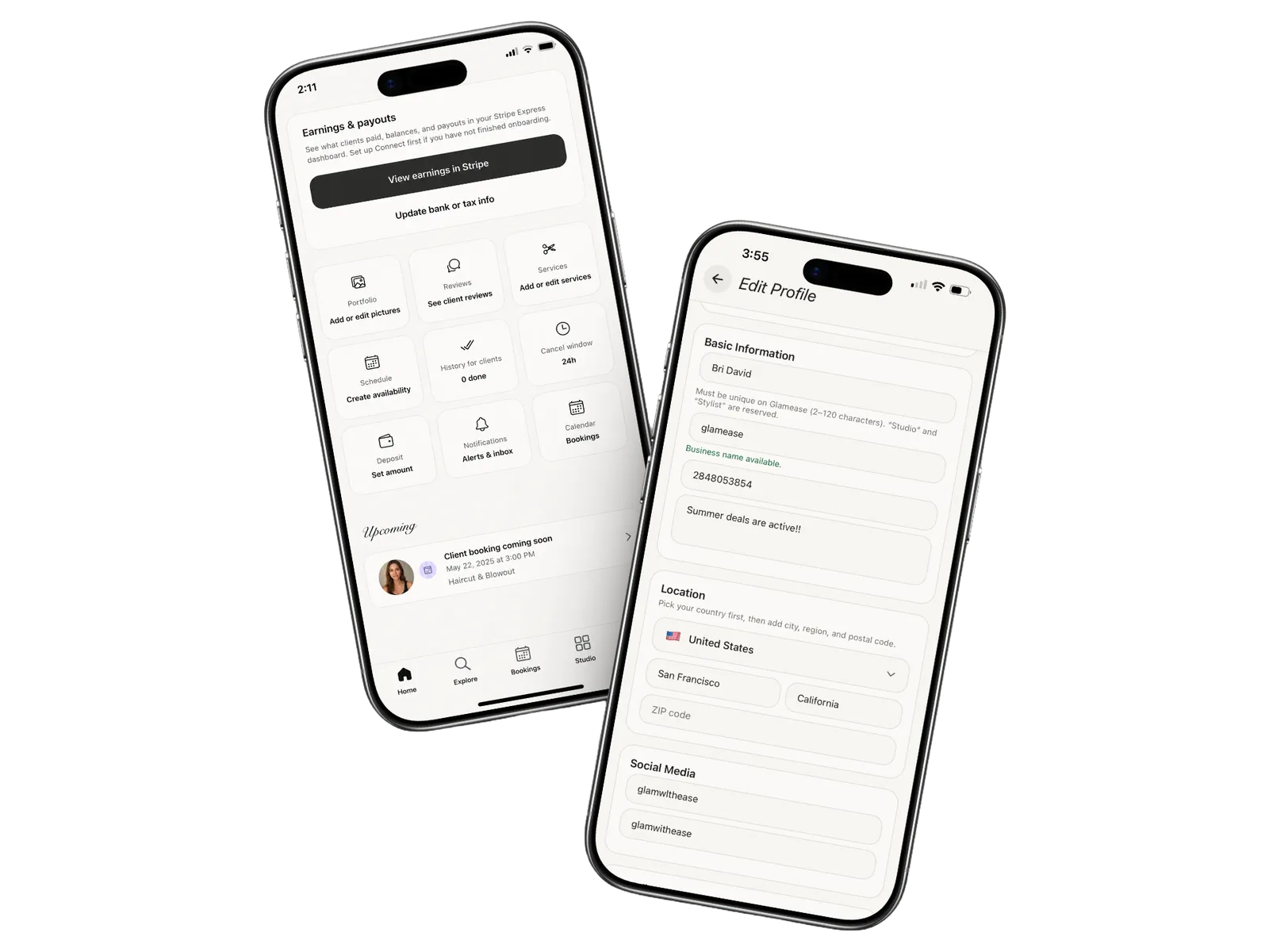 Glamease stylist app: earnings, portfolio, and schedule
