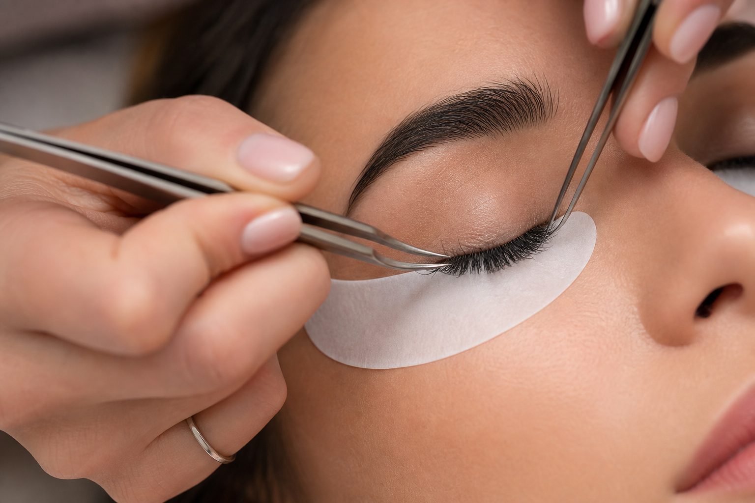 Close-up of lash extensions and brow styling